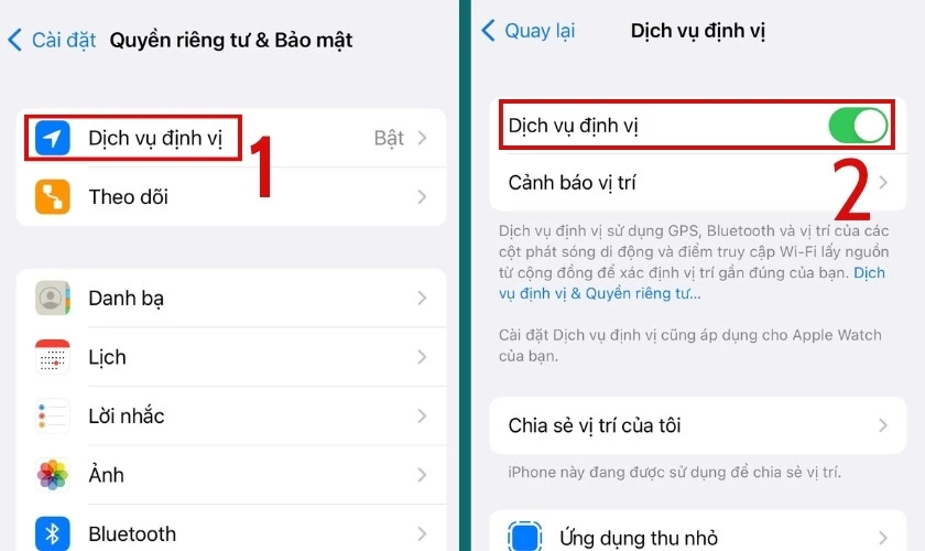 Nhấn v&agrave;o thanh gạt của mục Dịch vụ định vị để tắt rồi bật lại