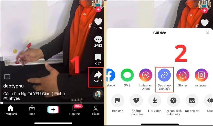 Nhấn v&agrave;o biểu tượng Chia sẻ v&agrave; chọn Sao ch&eacute;p link