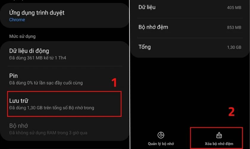 Nhấn nút xóa bộ nhớ đệm