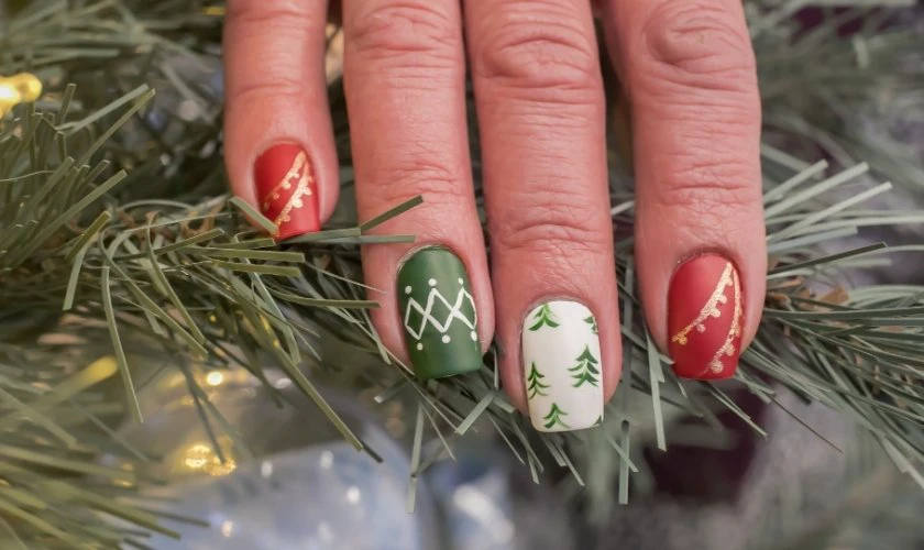 Mẫu nail Gi&aacute;ng sinh với c&acirc;y th&ocirc;ng v&agrave; ng&ocirc;i sao đẹp