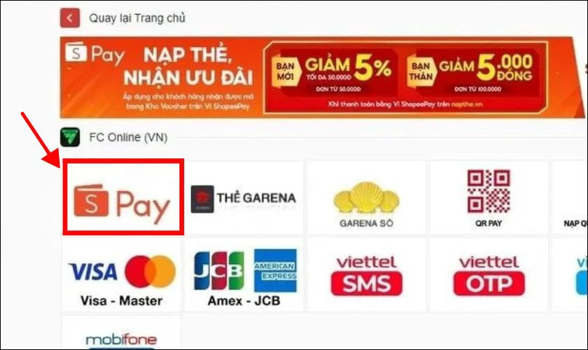 Chọn phương thức thanh toán bằng ví ShopeePay