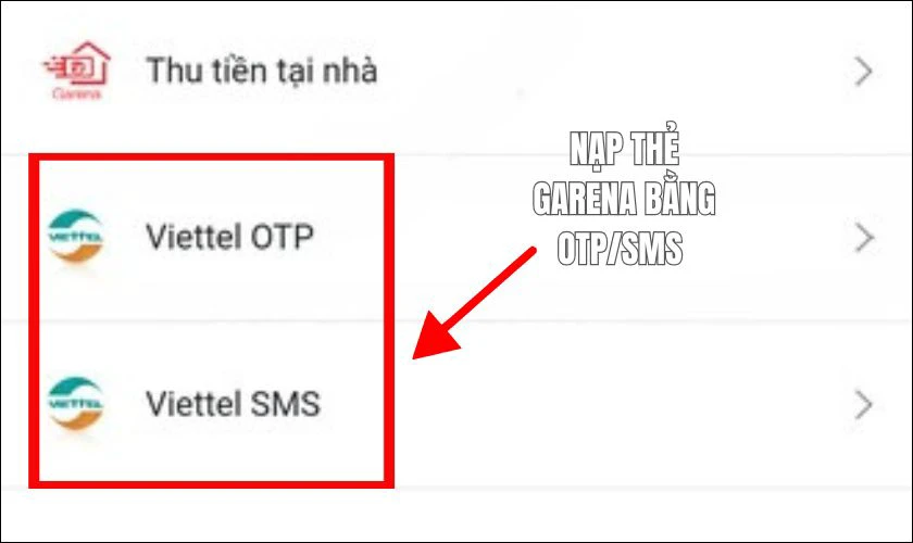 Cách nạp thẻ Garena bằng OTP/SMS