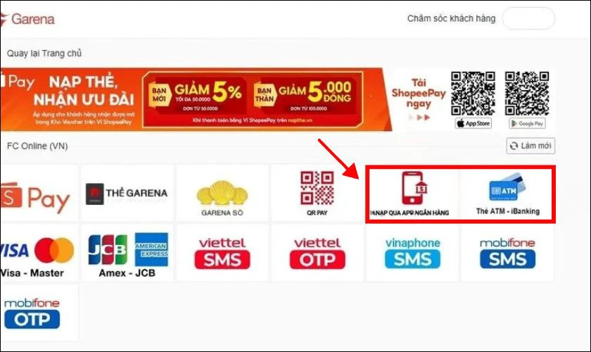 Cách nạp thẻ Garena bằng ATM/Ngân hàng điện tử