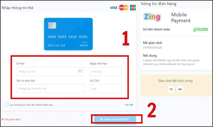 Điền th&ocirc;ng tin thẻ Credit Card