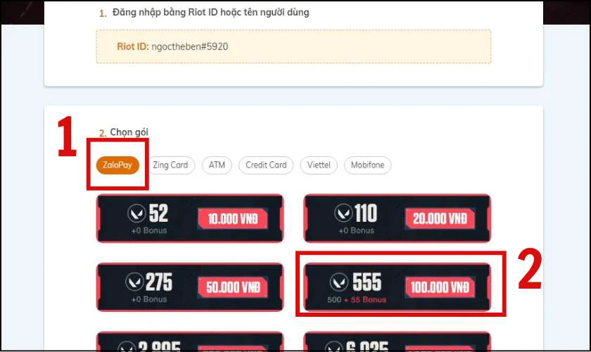 Nạp Valorant ZaloPay đơn giản