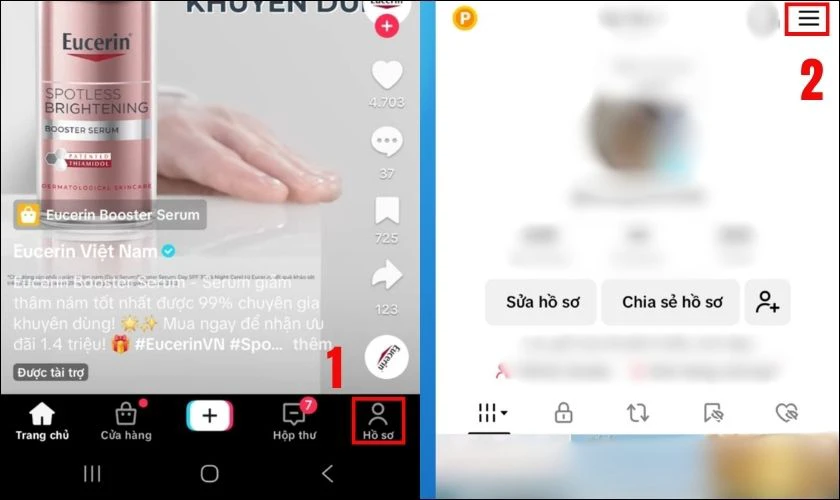 Chọn v&agrave;o hồ sơ v&agrave; chọn v&agrave;o biểu tượng 3 dấu gạch ngang ở tr&ecirc;n g&oacute;c phải