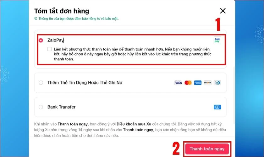 C&aacute;ch nạp xu TikTok bằng Zalo Pay