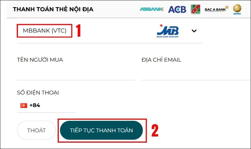 T&igrave;m t&ecirc;n ng&acirc;n h&agrave;ng v&agrave; chọn Tiếp tục thanh to&aacute;n