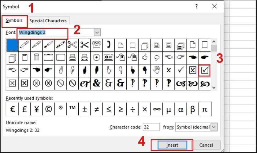 Chọn biểu tượng dấu tích và nhấn Ok