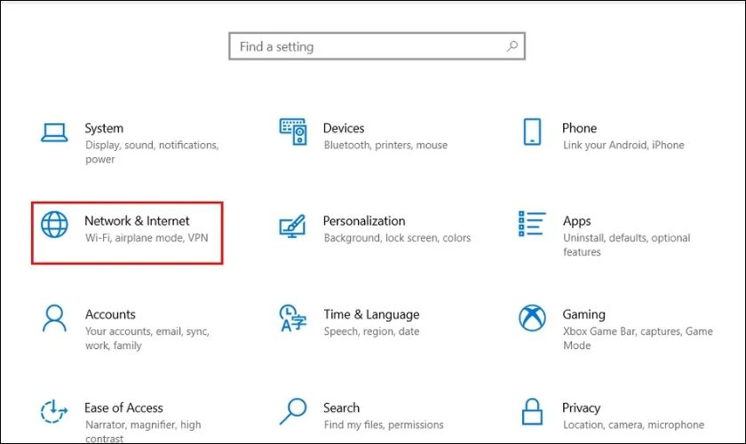 Mở Setting, chọn Network & Internet