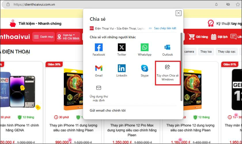 Chọn T&ugrave;y chọn Chia sẻ Windows sau đ&oacute; chọn thiết bị đ&iacute;ch trong danh s&aacute;ch hiển thị