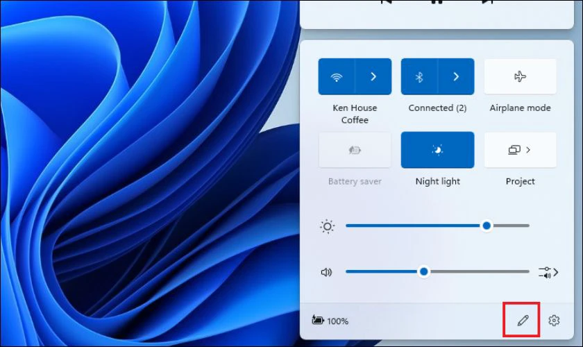 Nhấn v&agrave;o biểu tượng Edit (h&igrave;nh chiếc b&uacute;t ch&igrave;) trong cửa sổ Quick Settings vừa mở