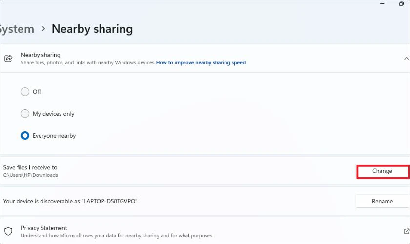 C&aacute;ch thay đổi thư mục đ&iacute;ch trong Nearby Share Windows 11