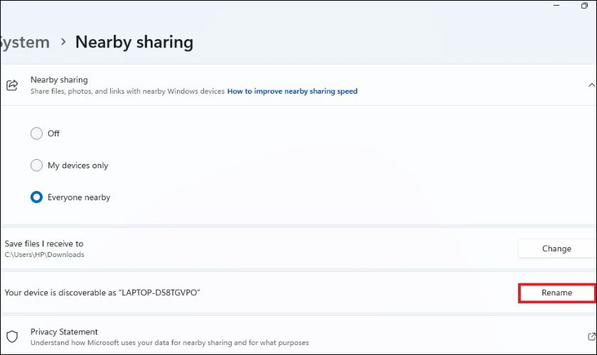C&aacute;ch thay đổi t&ecirc;n thiết bị trong Nearby Share Windows 11