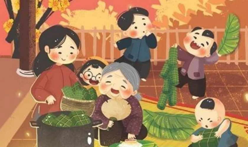 Ảnh gia đình gói bánh ngày cuối năm