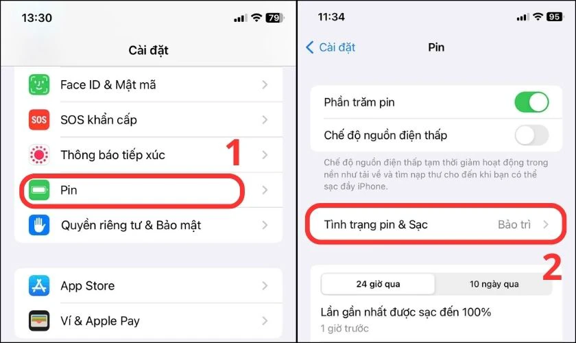 Kiểm tra pin trực tiếp th&ocirc;ng qua C&agrave;i đặt của thiết bị