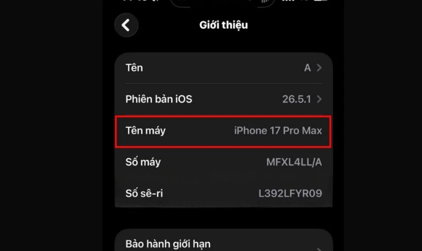 Tìm mục Tên kiểu máy để biết dòng iPhone đang sử dụng