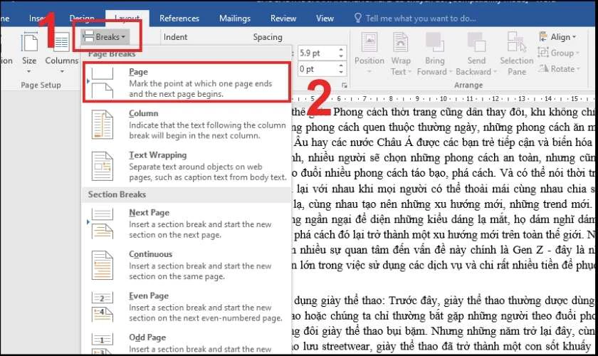 Chọn Breaks và chọn Page để ngắt trang