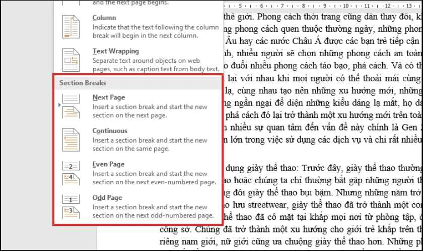 Kéo xuống mục Section Breaks, lựa chọn tùy chọn bạn muốn ngắt trang