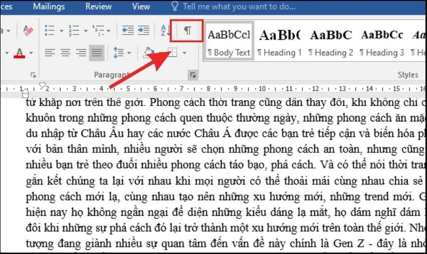 Nhấp vào ký tự Show/Hide