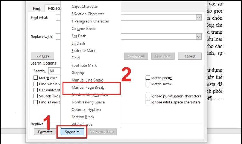 Nhấn vào Special và chọn vào mục Manual Page Breaks
