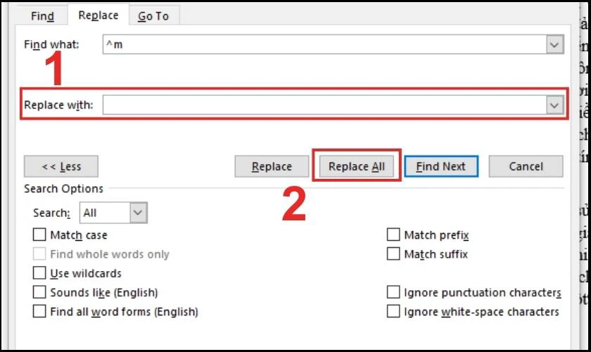 Nhấn vào Replace All để loại bỏ toàn bộ ngắt trong Word