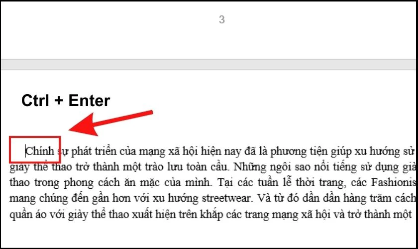 Nhấn tổ hợp phím Ctrl + Enter để ngắt trang trong Word
