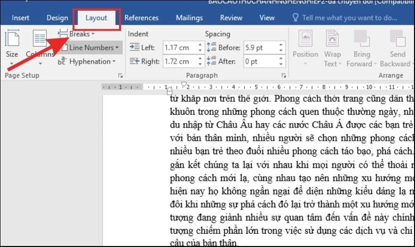 Dùng tab Layout để tách trang trong Word