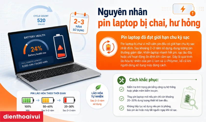 Pin laptop bị chai do đạt giới hạn chu kỳ sạc