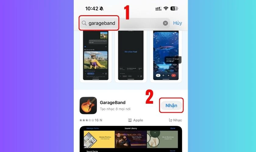 Vào App Store, nhập GarageBand trên thanh tìm kiếm và nhấn Nhận
