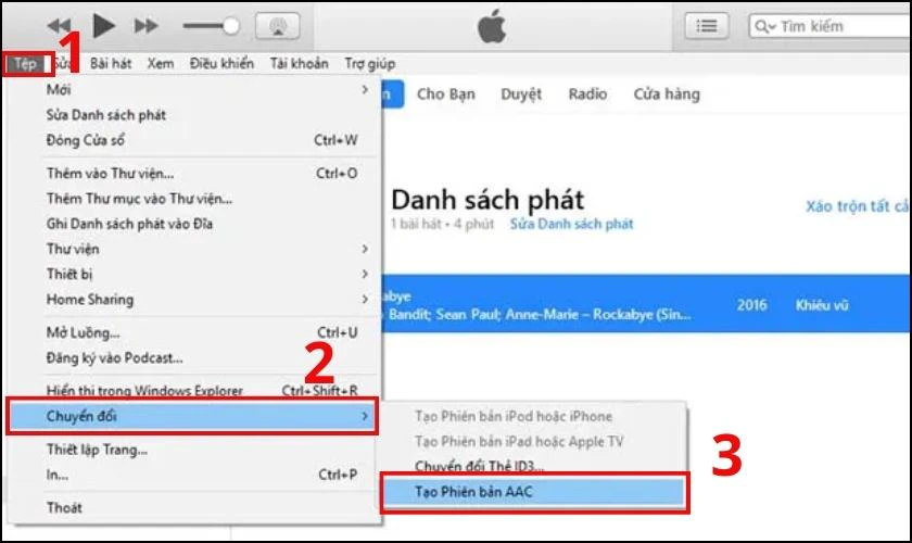 Chọn Tệp trong menu, sau đ&oacute; chọn Chuyển đổi v&agrave; chọn Tạo phi&ecirc;n bản AAC