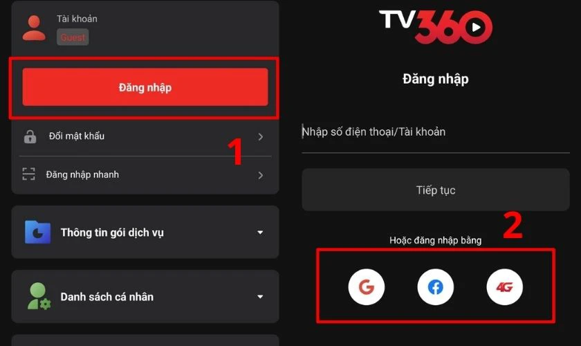 Mở ứng dụng TV360, đăng nhập bằng t&agrave;i khoản Viettel