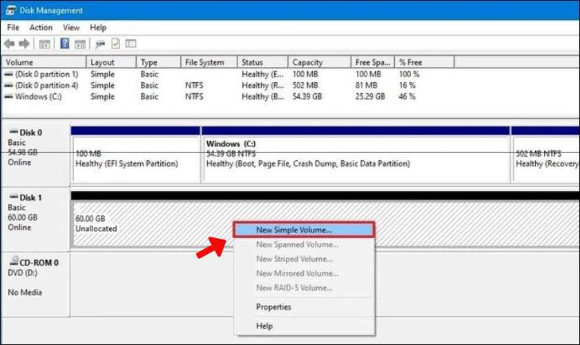 Sử dụng c&ocirc;ng cụ Disk Management khi nhận ổ cứng nhưng kh&ocirc;ng hiển thị