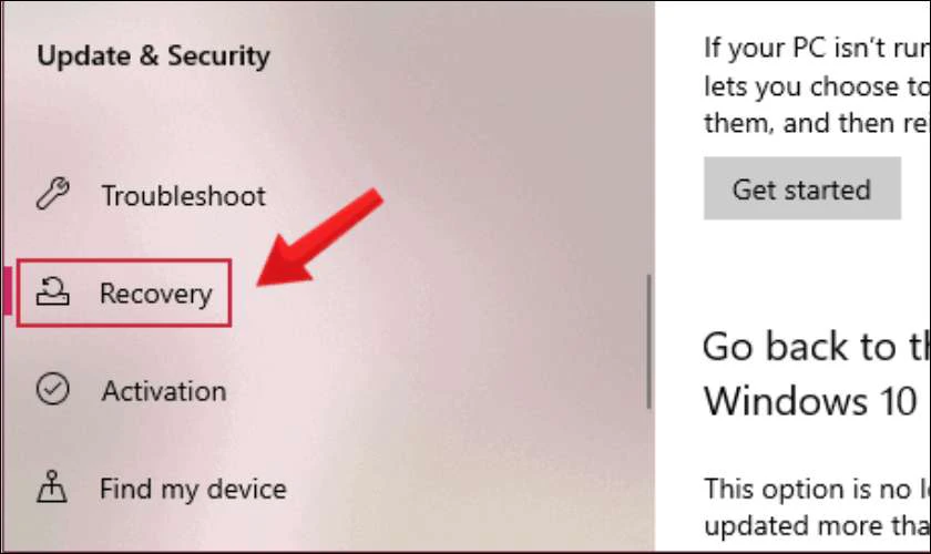 Bạn tiếp tục click chuột v&agrave;o Recovery