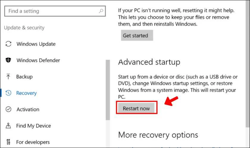 Bạn click chọn Restart now. Khi thực hi&ecirc;̣n thao t&aacute;c n&agrave;y m&aacute;y t&iacute;nh của bạn sẽ được khởi động lại