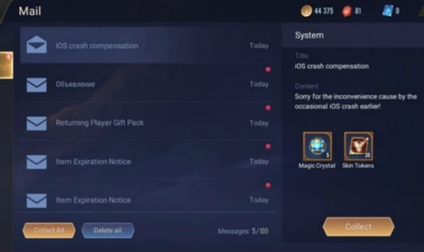Mở game v&agrave; kiểm tra H&ograve;m thư để nhận phần thưởng