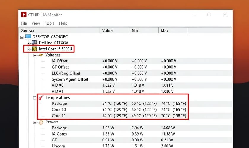Các thông số nhiệt độ của cả chip và ổ cứng SSD hiện tại sẽ hiển thị