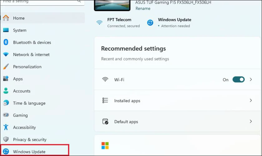 Mở Settings chọn Windows Update