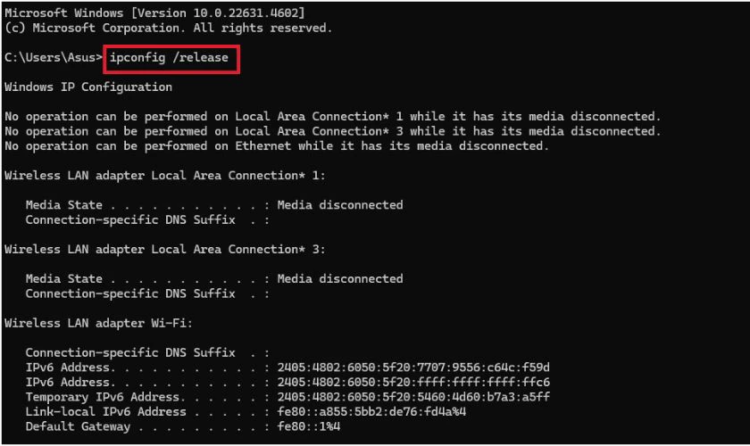 Nhập: ipconfig /release và nhấn Enter