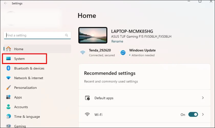 Mở Settings bằng tổ hợp Windows + I, chọn System