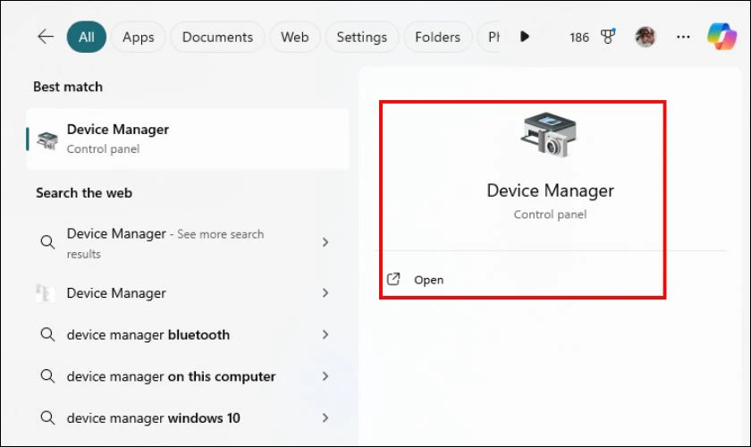 Nhấn tìm mở Device Manager trên thanh Search