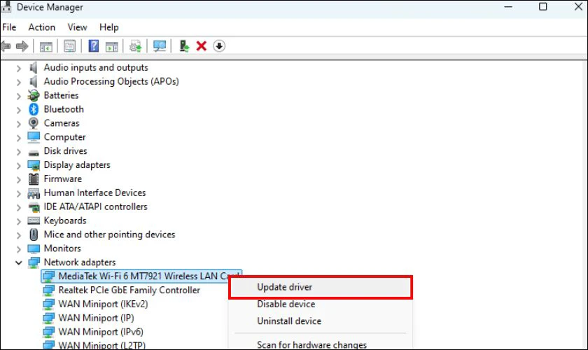 Sửa lỗi No Wifi network found bằng cách cập nhật driver wifi