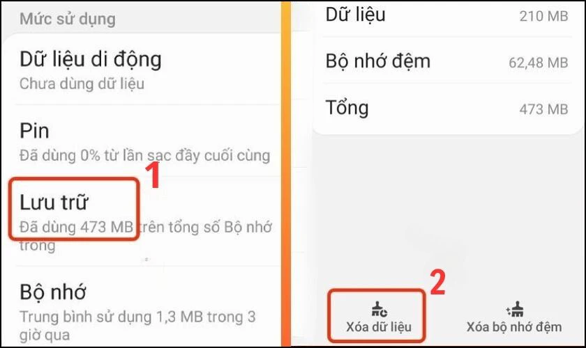 Chọn vào mục Lưu trữ và cuối cùng bấm chọn Xóa dữ liệu
