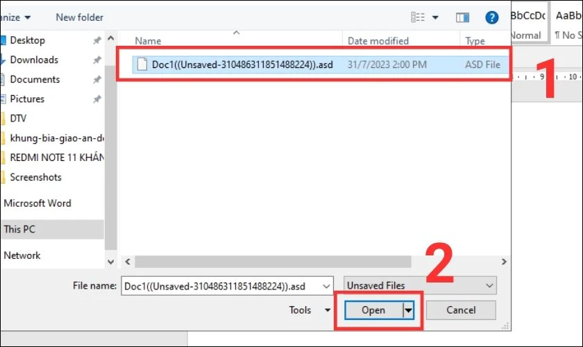 Chọn file, tệp tin cần lấy lại trong Word và nhấn OK
