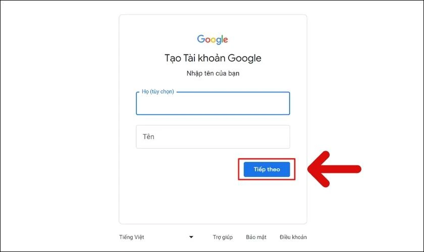 Nhập t&ecirc;n t&agrave;i khoản Gmail v&agrave; nhấn chọn Tiếp theo