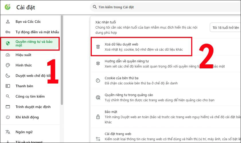 Xóa cache và lịch sử trình duyệt