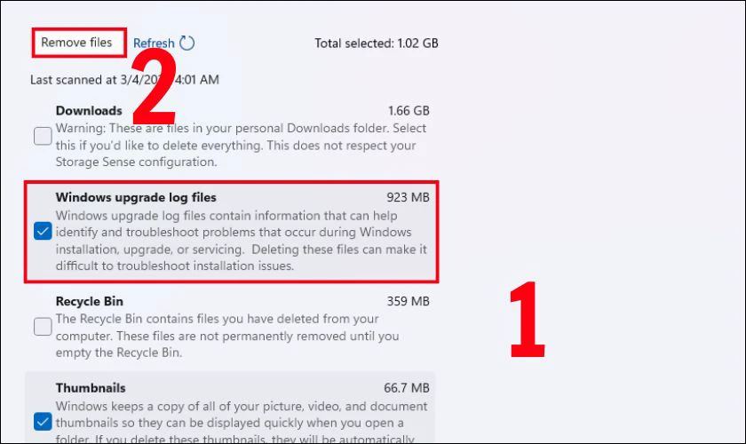 Tích chọn vào ô Windows Update Cleanup và nhấn nút Remove files