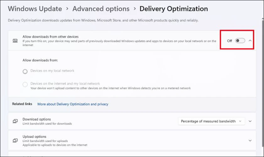 Tắt công tắc ở tùy chọn Allow downloads from other PCs