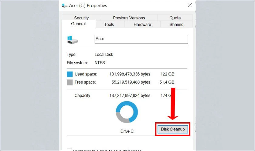 Sử dụng công cụ Disk Cleanup để giải phóng dung lượng