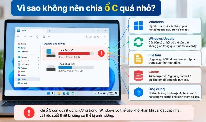 Ổ c nên để bao nhiêu GB? Vì sao không nên chia ổ C quá nhỏ?